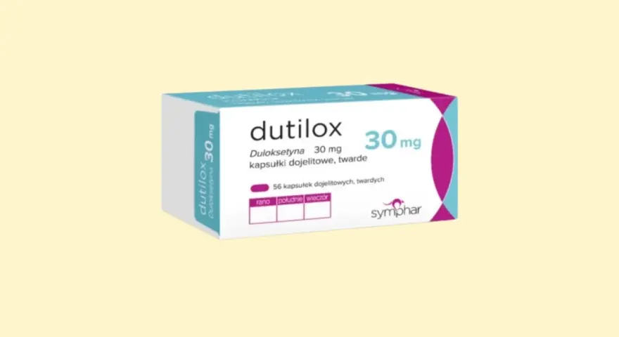 Opakowanie leku Dutilox zawierającego duloksetynę 30 mg, 56 kapsułek.