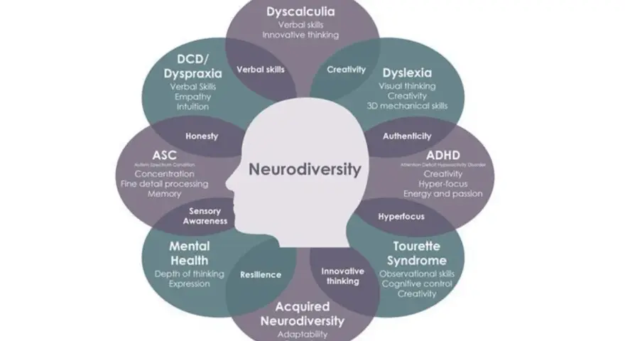 Schemat "Neurodiversity" ukazuje różne aspekty, w tym sensoryka, ADHD, dysleksję i inne.