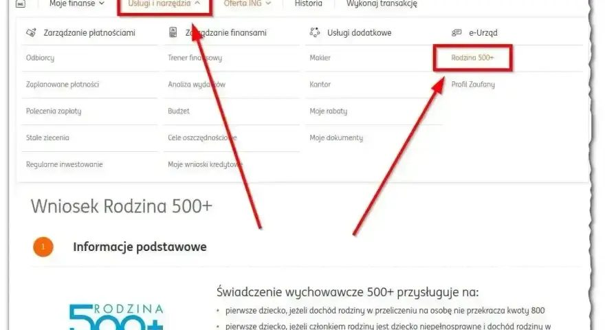 Kliknij "Usługi i narzędzia", a następnie "Rodzina 500+" aby dowiedzieć się, jak uzyskać świadczenie wspierające.
