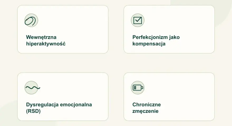 Cztery niedoreprezentowane objawy ADHD u kobiet: wewnętrzna hiperaktywność, perfekcjonizm jako kompensacja, dysregulacja emocjonalna (RSD) i chroniczne zmęczenie.