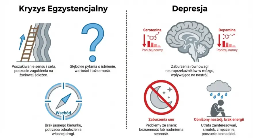 Kryzys egzystencjalny: drabina w górę, znak zapytania, kompas bez kierunku. Depresja: niski poziom neuroprzekaźników, problemy ze snem, smutek.