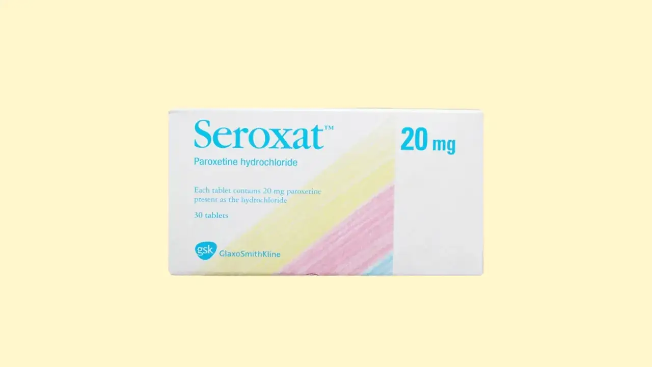 Opakowanie leku Seroxat 20 mg, zawierającego paroksetynę. Jest to psychotrop stosowany w leczeniu depresji i innych zaburzeń.