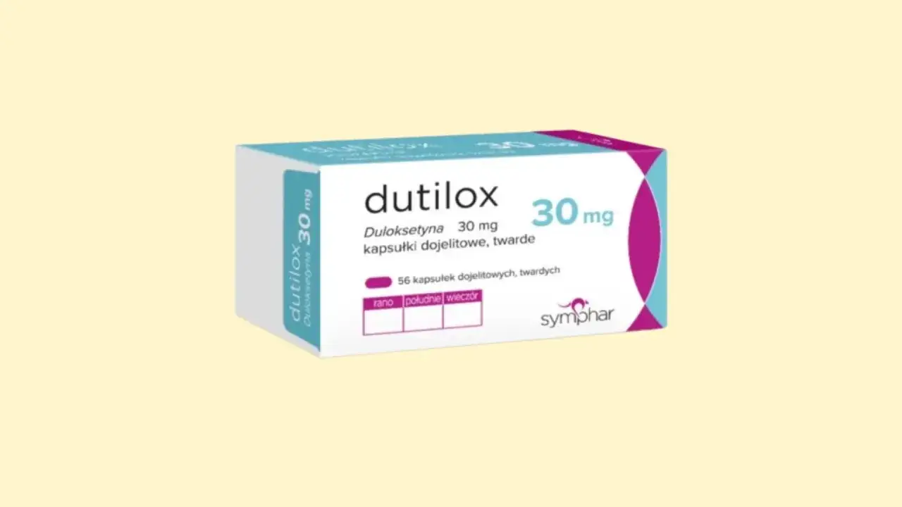 Opakowanie leku Dutilox zawierającego duloksetynę 30 mg, 56 kapsułek.