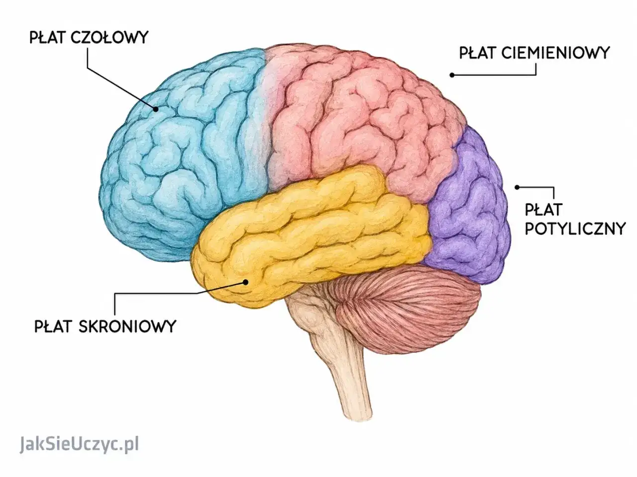 Kolorowy schemat mózgu z zaznaczonymi płatami: czołowym (niebieski), ciemieniowym (różowy), skroniowym (żółty) i potylicznym (fioletowy). Kora przedczołowa jest częścią płata czołowego.