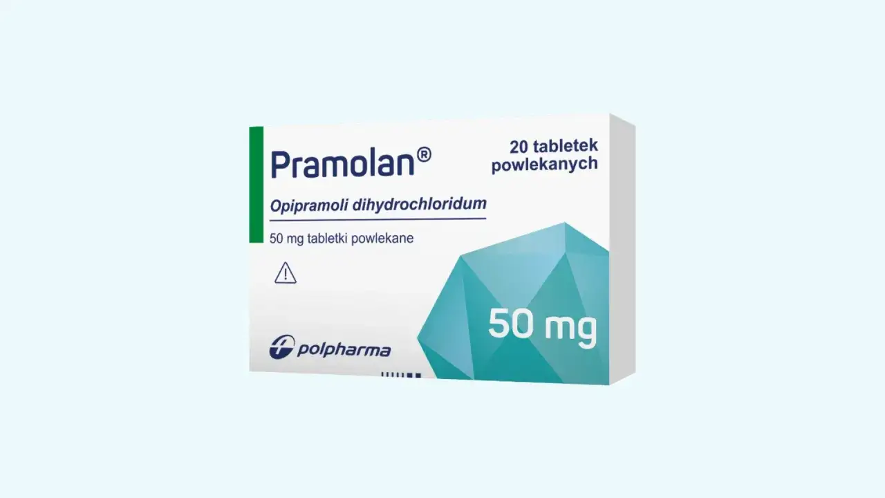 Opakowanie leku Pramolan 50 mg, zawierające 20 tabletek powlekanych. Producent Polpharma.