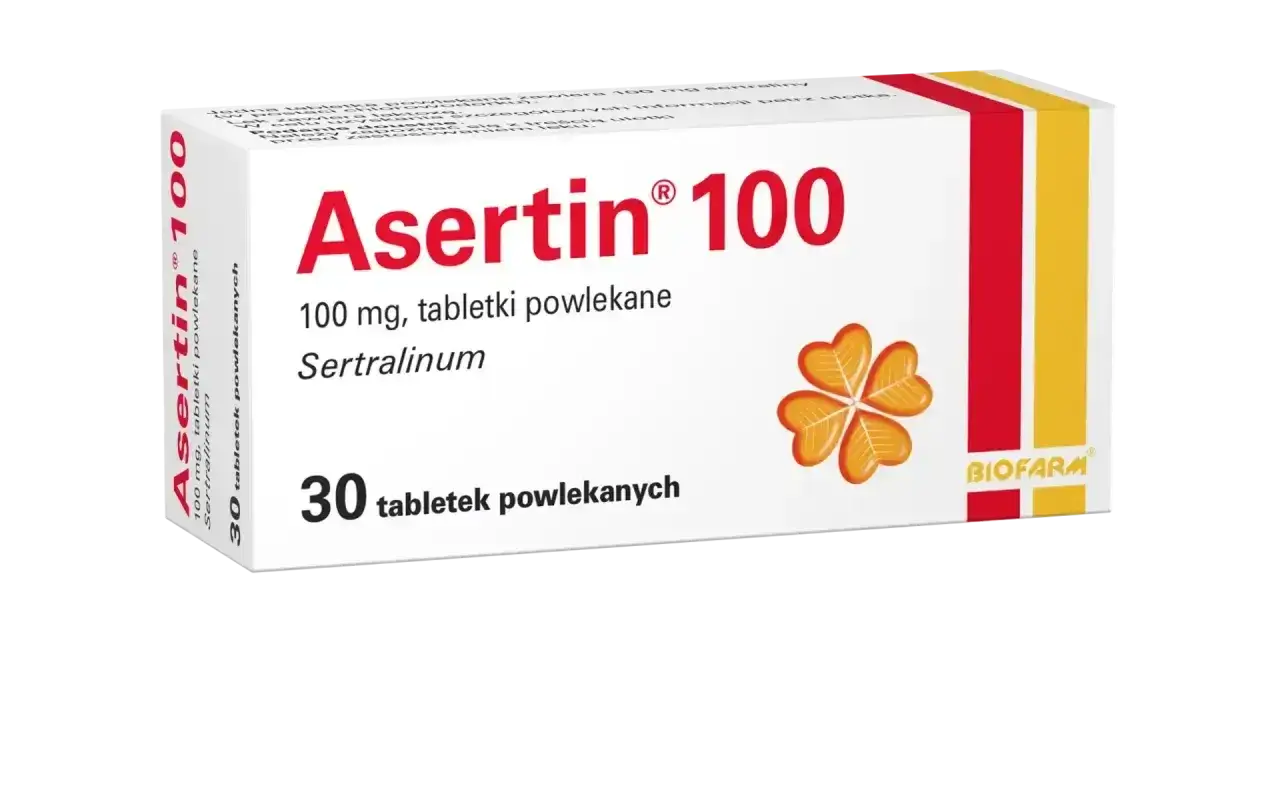Opakowanie leku Asertin 100 mg, zawierające 30 tabletek powlekanych z sertraliną. Symbol czterolistnej koniczyny sugeruje nadzieję na poprawę samopoczucia.