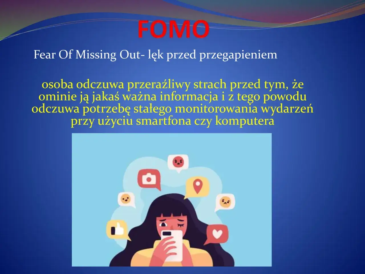 Dziewczyna z telefonem, otoczona ikonami emocji i powiadomień. To obrazuje co to FOMO – lęk przed przegapieniem ważnych informacji.