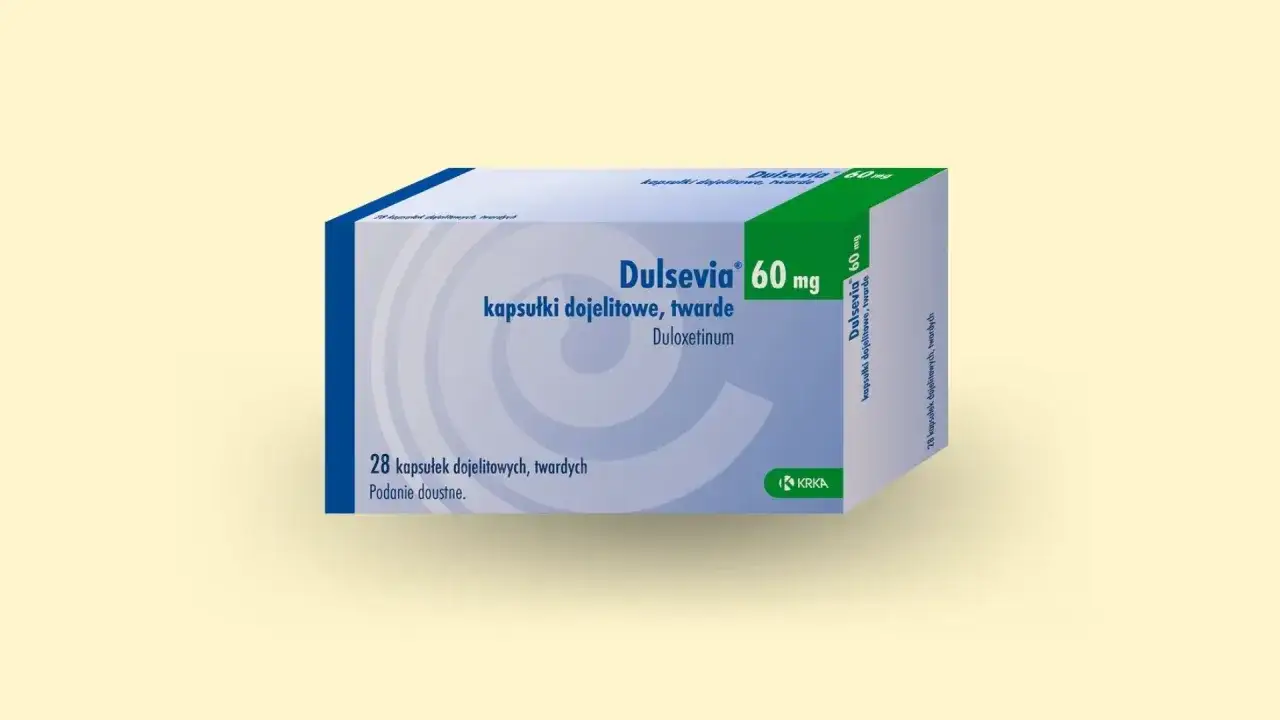 Opakowanie leku Dulsevia 60 mg, zawierającego duloksetynę, psychotrop stosowany w leczeniu depresji i innych schorzeń.