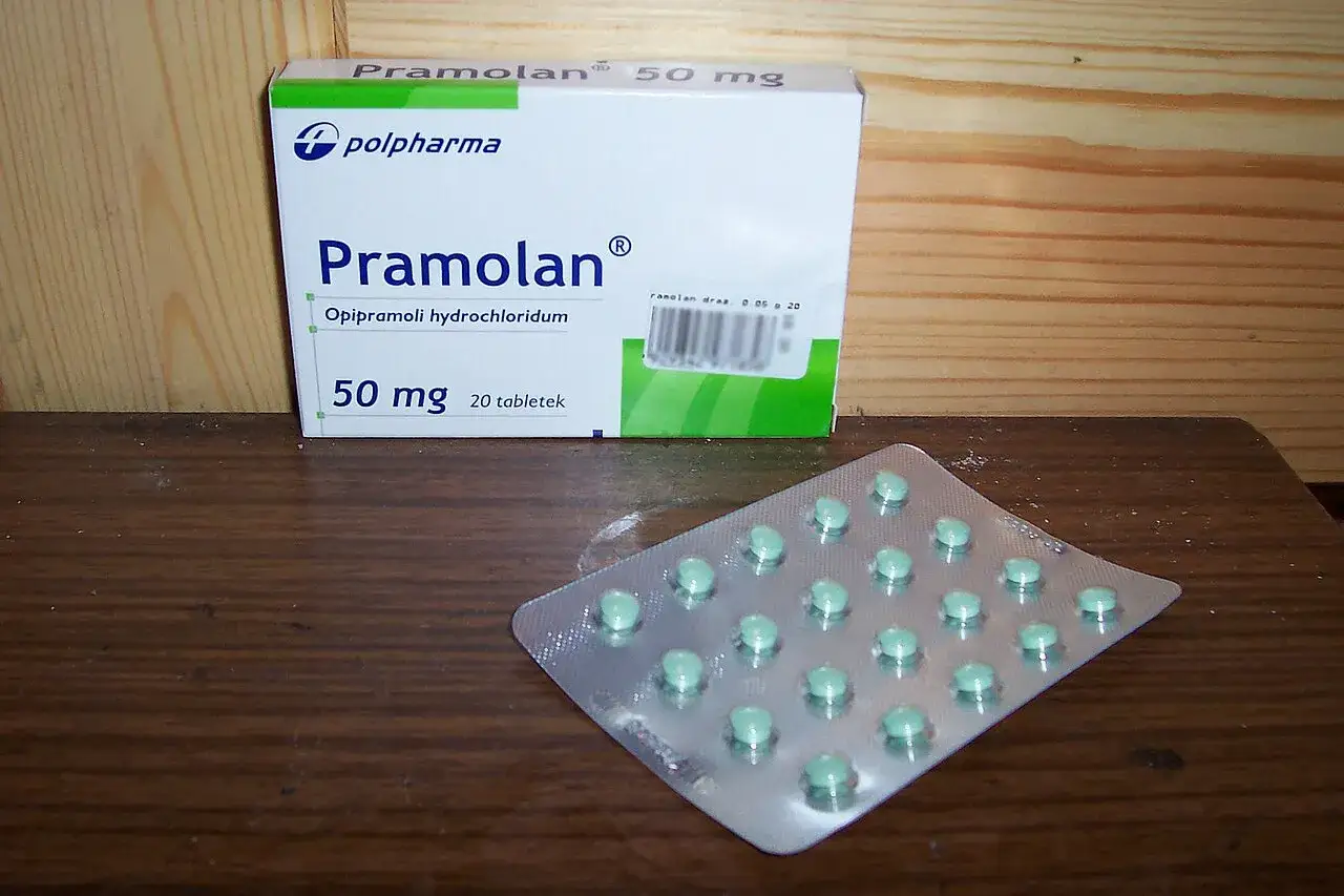 Opakowanie leku Pramolan 50 mg i blister z zielonymi tabletkami.