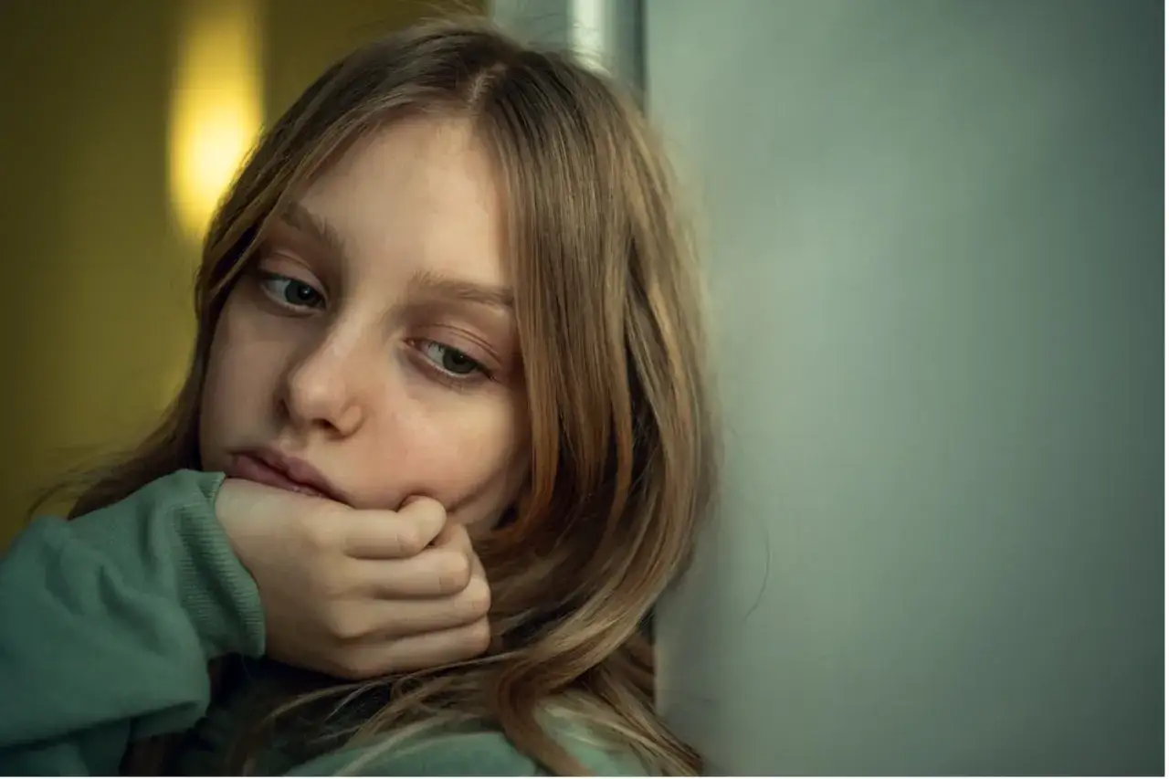 Smutna dziewczynka z ręką na brodzie, jej oczy patrzą w dół. Wygląda, jakby przeżywała epizod depresyjny.