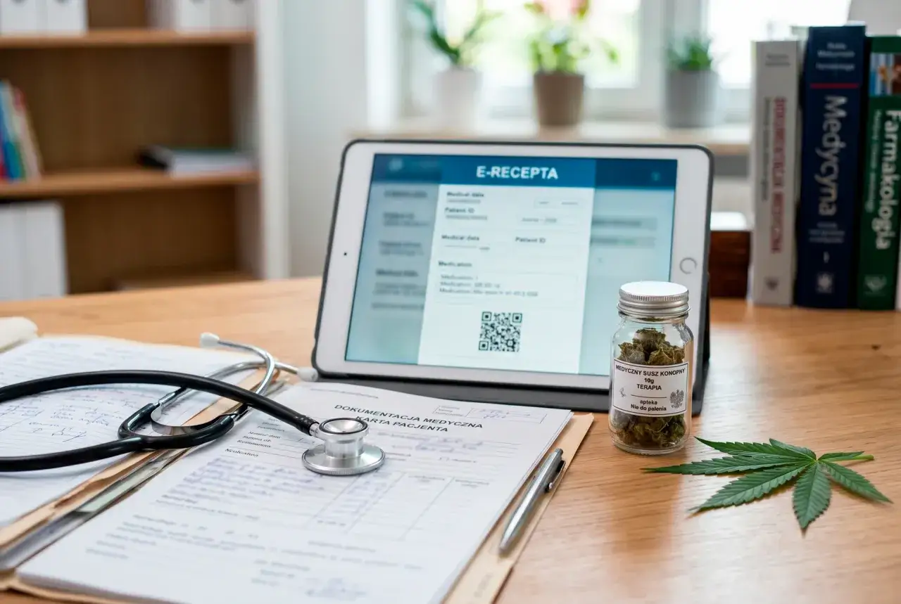 Na biurku lekarza leży stetoskop, dokumentacja medyczna i tablet z widoczną e-receptą. Obok słoiczek z medyczną marihuaną, potwierdzający jej zastosowanie terapeutyczne.