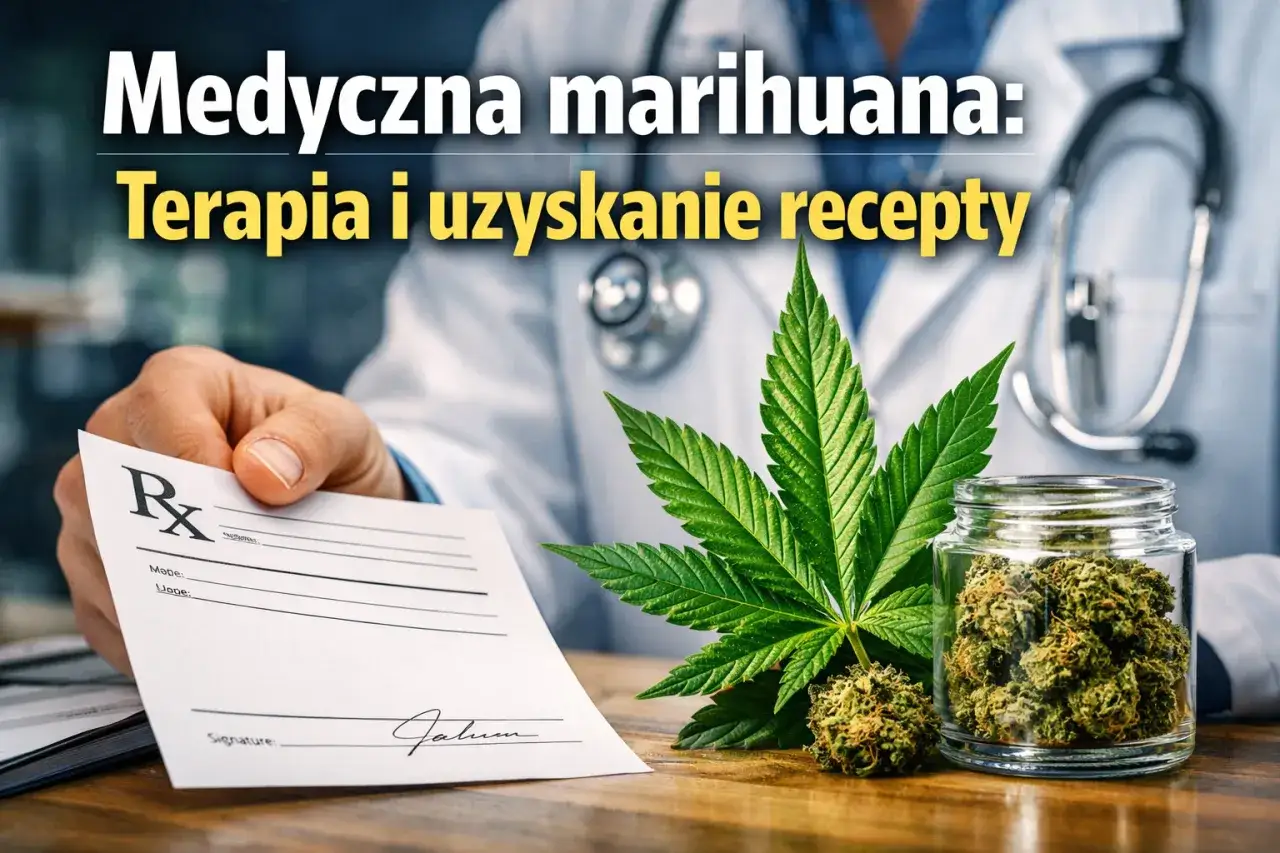 Lekarz podaje receptę na medyczną marihuanę, obok liść konopi i słoik z suszem.
