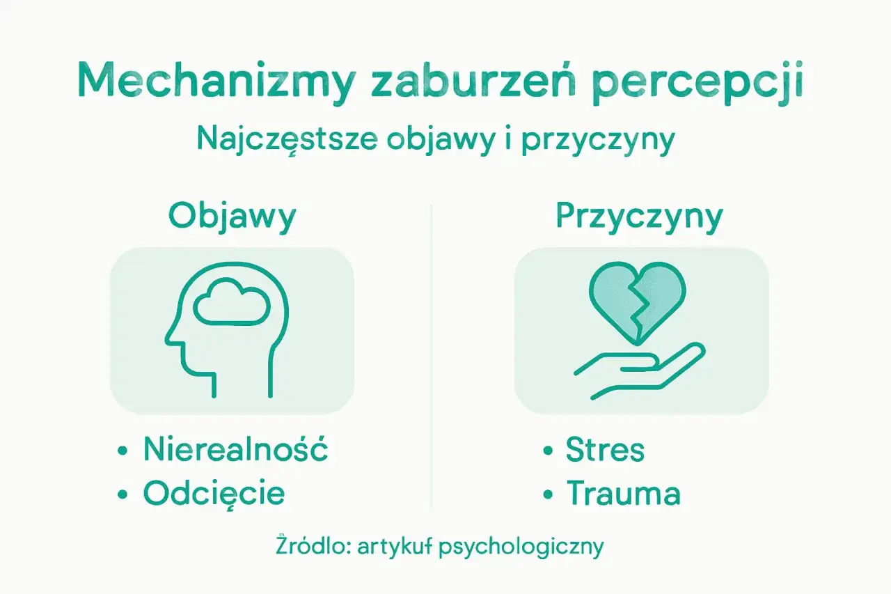 Zaburzenia percepcji: objawy (nierealność, odcięcie) i przyczyny (stres, trauma) mogą prowadzić do derealizacji.