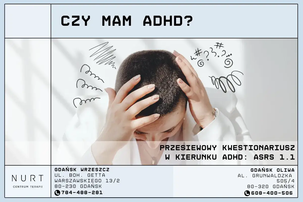 Kobieta z rękami na głowie, otoczona rysunkami symbolizującymi chaos myśli. Reklama kwestionariusza ASRS 1.1 w kierunku ADHD.