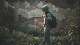 Osoba w kapturze, z plecakiem, otoczona dziką roślinnością, jakby ukrywająca się. Jej osobowość unikająca zdaje się wtapiać w otoczenie.