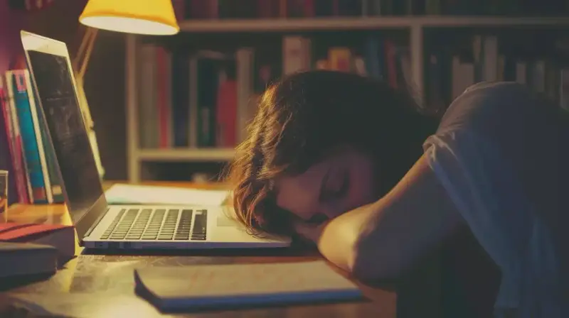 Dziewczyna zasnęła na laptopie, przytłoczona chronicznym zmęczeniem. W tle regały z książkami, lampka nocna.