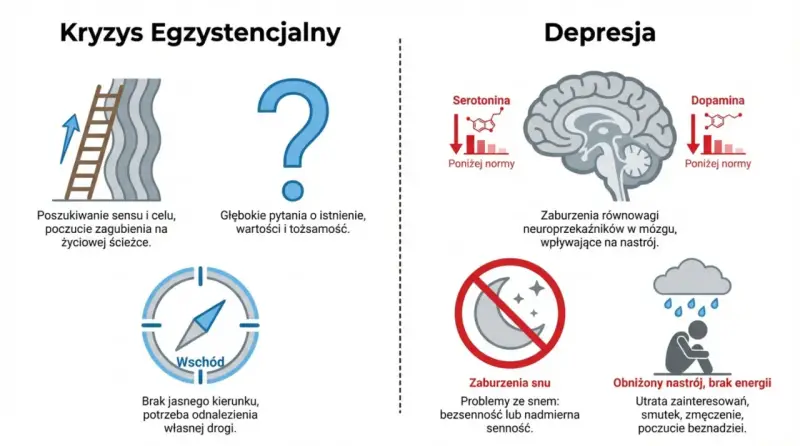 Kryzys egzystencjalny: drabina w górę, znak zapytania, kompas bez kierunku. Depresja: niski poziom neuroprzekaźników, problemy ze snem, smutek.